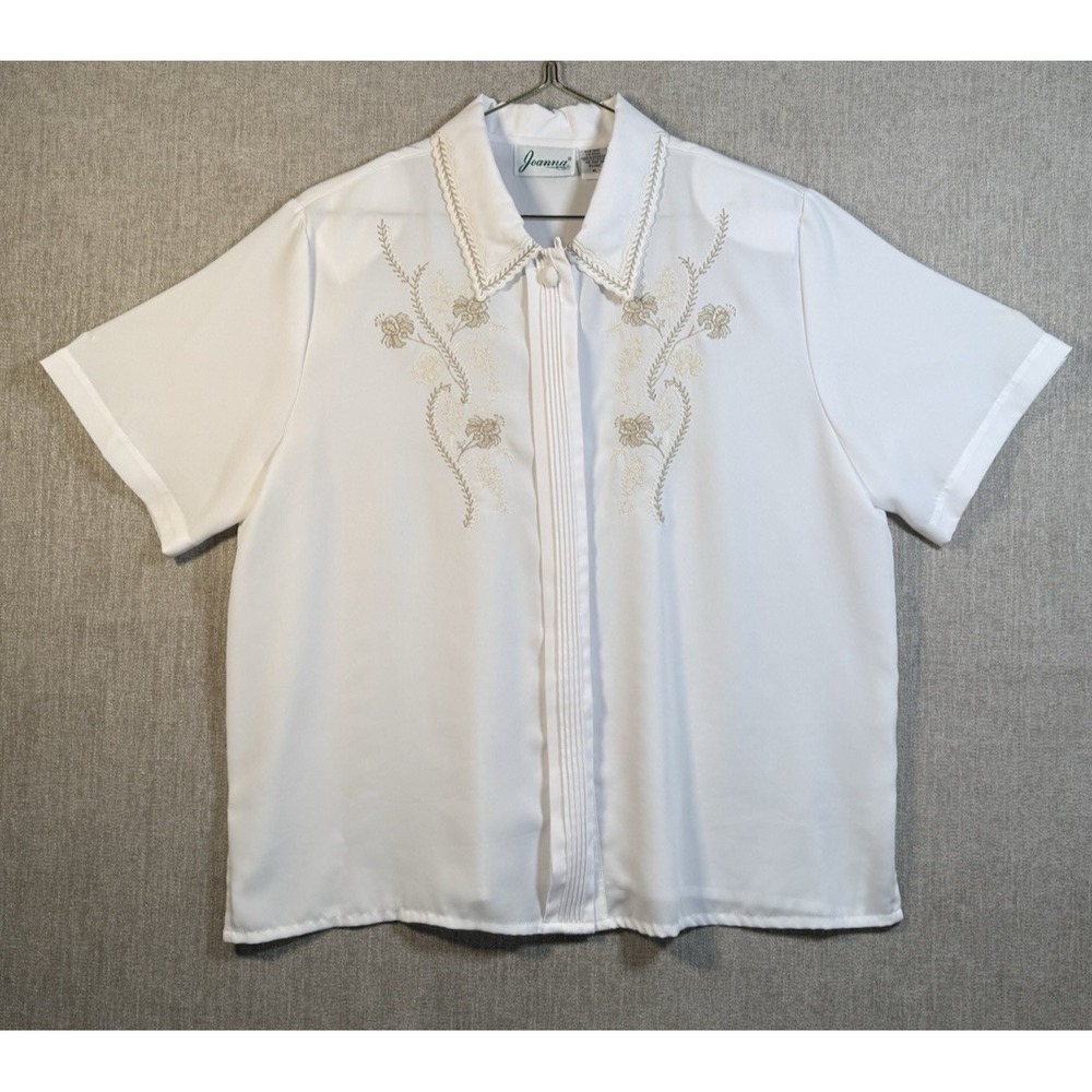 Vintage Joanna Blouse Womens XL White Floral Embroidered Shoulder Pads